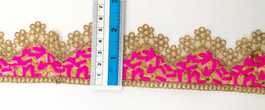 Gold Sheer Tissue Fabric Cutwork Trim with Embroidery in Gold and Fuchsia Pink, Scallop Trim, Fringe Trim